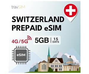 travSIM Suiza eSIM | 05GB Datos SIM - Plan de 15 Días de Duración | eSIM Suiza Ofrece Acceso Ilimitado a Internet para Google, Facebook, Whatsapp, Instagram y Más