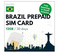 travSIM Tarjeta SIM Brasil | 12GB de Datos móviles a velocidades 4G/5G | Roaming Gratis en Sudamérica | El Plan de la Tarjeta SIM Brasil es válido Durante 30 días