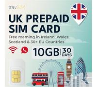 travSIM Tarjeta SIM del Reino Unido | 10GB de Datos / 4G / 5G | Llamadas ilimitadas | Utiliza SIM del Reino Unido en el Reino Unido, Suiza y más de 30 países de la UE | Plan válida Durante 30 días