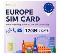 travSIM Tarjeta SIM Europa | 12GB de Datos a velocidades 4G/5G | SIM Sólo Datos | Utilice la Tarjeta SIM Europa en 27 Países de la UE | Plan en Tarjeta SIM para Europa Válido Durante 7 Días