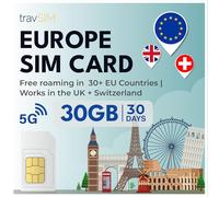 travSIM Tarjeta SIM Europa | 30 GB de Datos con velocidades 4G/5G | Llamadas ilimitadas | Uso en Reino Unido, Suiza y la UE | El Plan de la Tarjeta SIM Europa es válido por 30 días