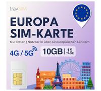 travSIM Tarjeta SIM Europa Internet | 15 días - 10 GB | Tarjeta SIM Europa, Alemania, Francia, España, Italia, Países Bajos y más | Acceso a Google, Facebook, Whatsapp y más | 0 costes de itinerancia