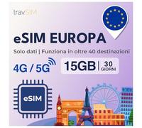travSIM Tarjeta SIM Europa Internet | 30 días - 15 GB | Tarjeta SIM Europa, Alemania, Francia, España, Italia, Países Bajos y más | Acceso a Google, Facebook, Whatsapp y más | 0 costes de itinerancia