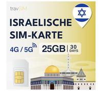 travSIM Tarjeta SIM Israel | 30 días - 25 GB de datos SIM | Datos de alta velocidad 5G/4G | Acceso ilimitado a Internet para Google, Facebook, Whatsapp, Instagram y más