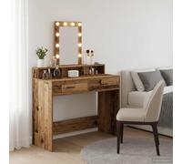 Traylux Tocador de madera marrón 100 x 41 x 140 cm con iluminación LED de espejo y puerto USB, cajón de almacenamiento para dormitorio, cosméticos, maquillaje, organizador y área de belleza