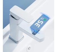Trayneel Grifo de agua fría y caliente con pantalla digital de temperatura para baño, acero inoxidable, 150 x 290 mm, control táctil blanco, ajuste cómodo de 35 °C (blanco alto)