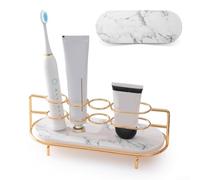 Trayneel Soporte para cepillo de dientes de diatomita con marco de hierro chapado en oro para encimera de baño, organizador de almacenamiento compatible con cepillos de dientes, peines, pasta de