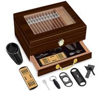 TRBIHCX Humidor de puros con cerradura | Humidificador de cigarros con tapa de vidrio forrado de madera de melocotón | Higrómetro montado en la parte delantera, cajón de accesorios, juego completo de