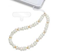 TRBR Correa de muñeca con dije de perlas barrocas blancas, cadena de pulsera con cuentas doradas, elegante correa de pulsera para iPhone y fundas de teléfono celular