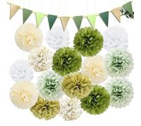 TREABEAR Adornos Cumpleaños, 16Pcs Pompones de Papel Verde Salvia, 10Pcs Banderitas Decorativas, Decoracion Boda, Decoracion Bautizo Niña Niño , Flores de Papel Decoracion para Fiesta Comunion