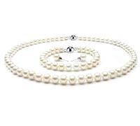 Treasure Bay Elegante conjunto de collar de perlas blancas naturales de agua dulce de 7-8 mm y pendientes para mujer, 7-8mm, Perla, No es una piedra preciosa