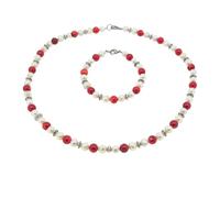 Treasure Bay Elegante juego de collar, pulsera y pendientes de perlas de agua dulce de coral rojo y blanco para mujer, Gema Plata, Perla