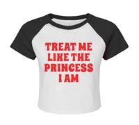 Treat Me Like The | Brat Baby Princess | Divertida | Camiseta corta raglán para mujeres adolescentes, Estampado raglán blanco y rojo, S
