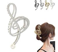 Treble Clef Hair Clip, Metal Treble Clef Claw Clip, Music Note Hair Clips with Pearl, Elegant Note Curve Hair Claw Clips, Shiny Gold Silver Hair Clips (Diamante Plateado)