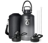 Trebo Botella de agua de un galón aislada con asa de paracaídas, jarra grande de acero inoxidable de 128 onzas, grado alimenticio, doble pared al vacío con tapa de mango de boquilla de pajilla, a