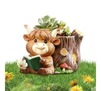 Tree Stump Resin Planter - Reading Theme, Drainage Holes & Non Slip Base, Adorable Desktop Home Office Rustic Decor, Plant Lovers