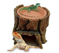 Tree Trunk Reptile Hide Cave, Resin Reptile Shelter with Food Tray, Naturalistic Reptile Habitat, Decorative Reptiles Habitat Enrichment 5.5 x 5.5 x 5.1 Inches for Reptiles and Small Animals