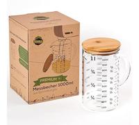TreeBox Premium vaso medidor 1L, vaso medidor de vidrio, juego de vasos medidores robustos y resistentes al calor de vidrio de borosilicato con tapa de bambú, apto para microondas, para hornear