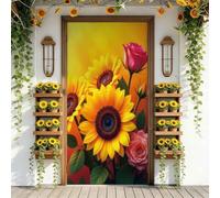Treer Cubierta de Puerta de Elastica Ajustable, Decoración de Bandera Colgante de Fondo Cubierta de Puerta para Todo el año, Porche, Exterior Interior, Fiesta, Hogar Casa (Girasol 59,90x210cm)