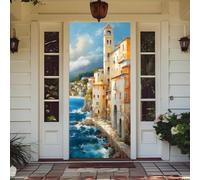 Treer Cubierta de Puerta de Elastica Ajustable, Decoración de Bandera Colgante de Fondo Cubierta de Puerta para Todo el año, Porche, Exterior Interior, Fiesta, Hogar Casa (Pueblo Isleño,90x210cm)