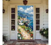 Treer Cubierta de Puerta de Elastica Ajustable, Decoración de Bandera Colgante de Fondo Cubierta de Puerta para Todo el año, Porche, Exterior Interior (90x210cm,Pueblo de Flores)