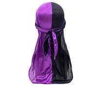 Treer Hombres Mujers Durag de Seda con Cola Larga, Sedoso y Suave Hip Hop Turbante Bicolor para Danza Callejera, Ciclismo al Aire Libre y Decoración Diaria (Morado + Negro,100cm)