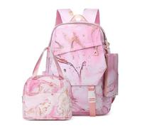 Treer Juego de 3 Mochila Escolar, Gradiente Mochila Impermeables con Bolsas de Almuerzo y Bolsas para Lápices, Mochilas de Camping para Viajar (Mármol Rosa,One Size)