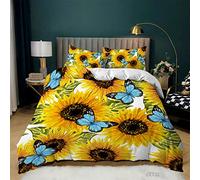 Treer Juego de Ropa de Cama, 3D Impresión Mariposa Microfibra Juego de Fundas de Edredón Reversible Incluye Funda Nórdica y Funda de Almohada para Familiar y Infantil (200x200cm,Girasol)