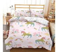 Treer Juego de Ropa de Cama, Kawaii Dibujos Animados Microfibra Juego de Fundas de Edredón Reversible Incluye Funda Nórdica y Funda de Almohada para Familiar y Infantil (150x200cm,Caballo Arcoiris)