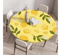 Treer Mantel Redondo Antimanchas, Estampado de Limones Mantel Mesa Redonda con Ajustable Borde Elástico, Manteles de Mesa, Lavable Manteles para Picnic Comedor Cena (70CM,Amarillo)