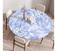 Treer Mantel Redondo Antimanchas, Mantel Mesa Redonda con Ajustable Borde Elástico, Nuevas Flores de Estilo Chino Manteles de Mesa, Lavable Manteles para Picnic Comedor Cena (130CM,Azzurro)