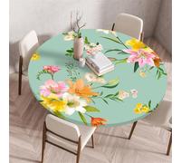 Treer Mantel Redondo Antimanchas, Mantel Mesa Redonda con Ajustable Borde Elástico, Nuevas Flores de Estilo Chino Manteles de Mesa, Lavable Manteles para Picnic Comedor Cena (70CM,Verde)