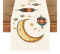 Treer Ramadan Eid Mubarak Camino de Mesa Elegante Estampado de Luna y Farol, Mantel de Lino para Decoración de Mesa del Hogar Musulmán Islámica Iftar, Cena de Fiesta (Estilo 2,33x200cm)