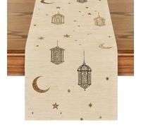 Treer Ramadan Eid Mubarak Camino de Mesa Estampado Estrellas Luna Farolillos Floral Mantel de Lino para Decoración de Mesa del Hogar Musulmán Islámica Iftar, Cena de Fiesta (Beige,33x150cm)