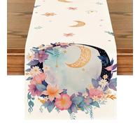 Treer Ramadan Eid Mubarak Camino de Mesa Estampado Estrellas Luna Farolillos Floral Mantel de Lino para Decoración de Mesa del Hogar Musulmán Islámica Iftar, Cena de Fiesta (Corona,33x180cm)