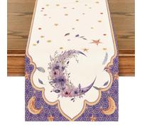 Treer Ramadan Eid Mubarak Camino de Mesa Estampado Estrellas Luna Farolillos Floral Mantel de Lino para Decoración de Mesa del Hogar Musulmán Islámica Iftar, Cena de Fiesta (Morado,33x150cm)