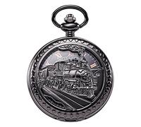 TREEWETO Reloj de bolsillo antiguo para hombre, esqueleto mecánico, caja de bronce hueco 3D, tren de vapor, ferrocarril, números romanos, negro, M, Antiguo