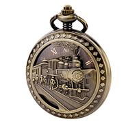 TREEWETO Reloj de bolsillo antiguo para hombre, esqueleto mecánico, caja de bronce hueco 3D, tren de vapor, ferrocarril, números romanos