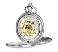 TREEWETO Reloj de bolsillo clásico suave con doble caja mecánica, reloj de bolsillo steampunk con números romanos para hombres y mujeres con cadena + caja de regalo, plata, Clásico