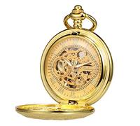 TREEWETO Reloj de bolsillo con cadena para hombre, analógico, cuerda manual, caja doble, números romanos antiguos, bronce/negro/dorado, dorado, Antiguo