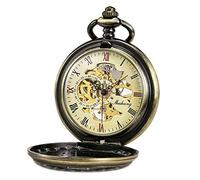 TREEWETO Reloj de bolsillo con cadena para hombre, analógico, cuerda manual, esqueleto antiguo, números romanos, bronce, 1. Bronze072