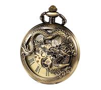 TREEWETO Reloj de bolsillo con cadena para hombre, analógico, mecánico, cuerda manual, doble bisagra, dragón antiguo, números romanos, marrón, Clásico, Vintage