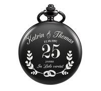 TREEWETO Reloj de bolsillo con grabado para boda de plata, personalizable, con nombre y fecha, regalo para parejas de 25 aniversario de boda, relojes de bolsillo de cuarzo, Negro