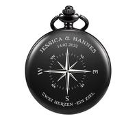 TREEWETO Reloj de bolsillo con grabado personalizado, regalo de boda para parejas con nudo de brújula, personalizado con nombre y fecha, Negro