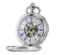 TREEWETO - Reloj de bolsillo esqueleto mecánico Steampunk para hombre, de plata, con colgante retro
