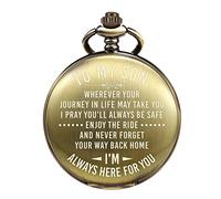 TREEWETO Reloj de bolsillo grabado para hombre, regalo para hijo de mamá papá, ideas únicas de regalo de cumpleaños para nieto, regalos de graduación para él, regalo para hombres, bronce
