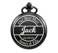 TREEWETO Reloj de bolsillo grabado personalizado con cadena de grabado para hombre, regalo para mejor hombre, relojes de bolsillo de cuarzo, regalos para novios para boda, Negro , Vintage