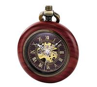 TREEWETO Reloj de bolsillo mecánico automático de madera vintage para hombres y mujeres, esfera de esqueleto steampunk con cadena + caja de regalo, marrón, Retro