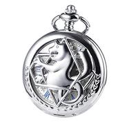 TREEWETO Reloj de Bolsillo mecánico de Doble Cubierta de Metal con Esqueleto alquimista Steampunk para Hombre y Mujer con Caja de Cadena, Plateado, Aspecto Envejecido