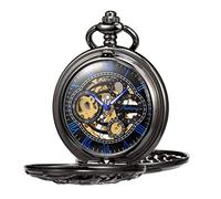 TREEWETO Reloj de bolsillo mecánico de dragón negro antiguo con cadena, Negro y azul., Antiguo